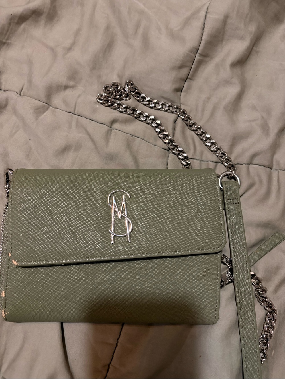 Steve Madden Olive Green Crossbody Wallet with Silver Chain